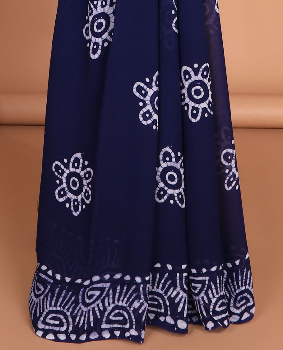 Ink blue pathink print georgette saree with pathink print pallu & running blouse