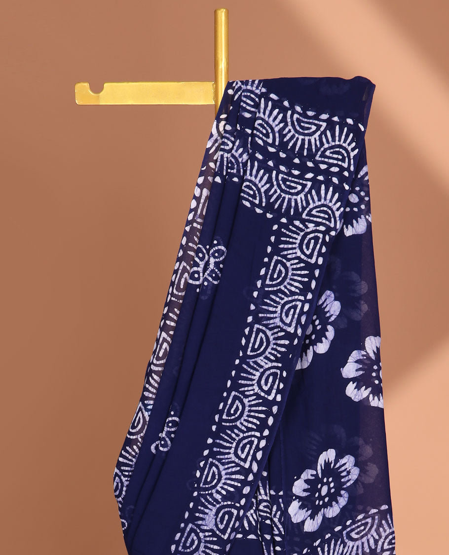 Ink blue pathink print georgette saree with pathink print pallu & running blouse