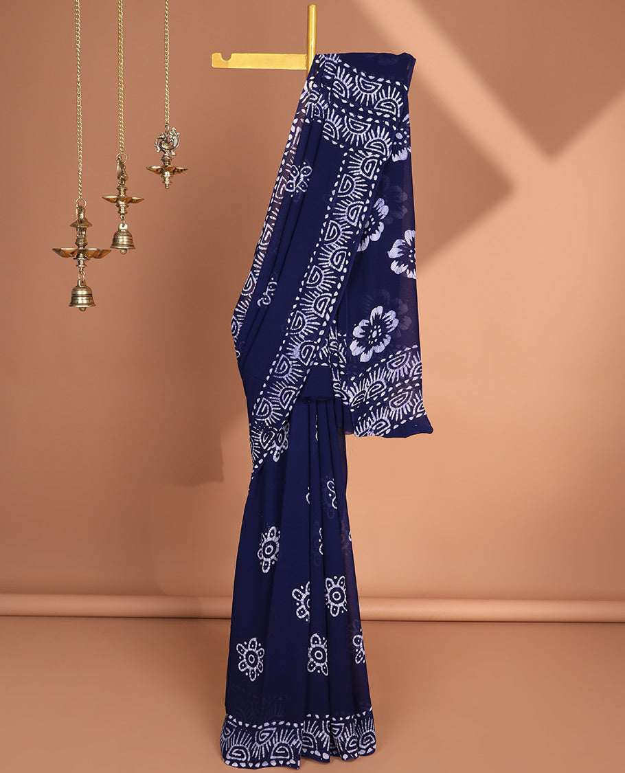 Ink blue pathink print georgette saree with pathink print pallu & running blouse