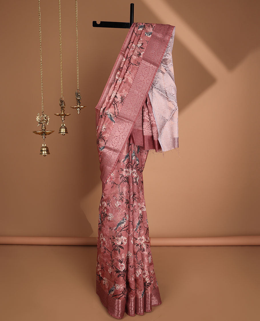 Peach floral, potta digital printed semi-dupion saree with zari weaving border & rich weaving pallu along with weaving blouse