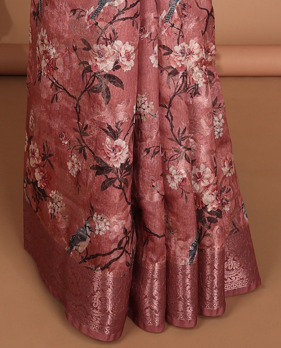 Peach floral, potta digital printed semi-dupion saree with zari weaving border & rich weaving pallu along with weaving blouse