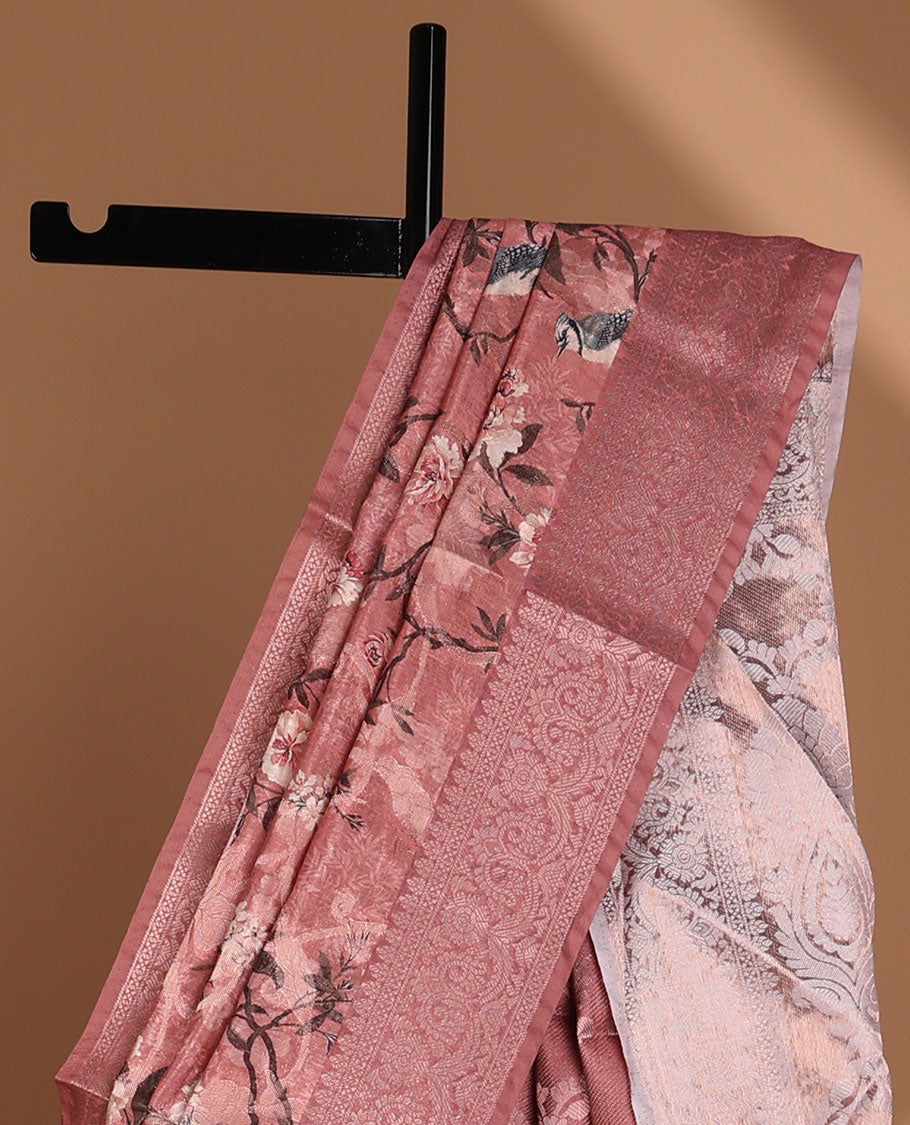 Peach floral, potta digital printed semi-dupion saree with zari weaving border & rich weaving pallu along with weaving blouse