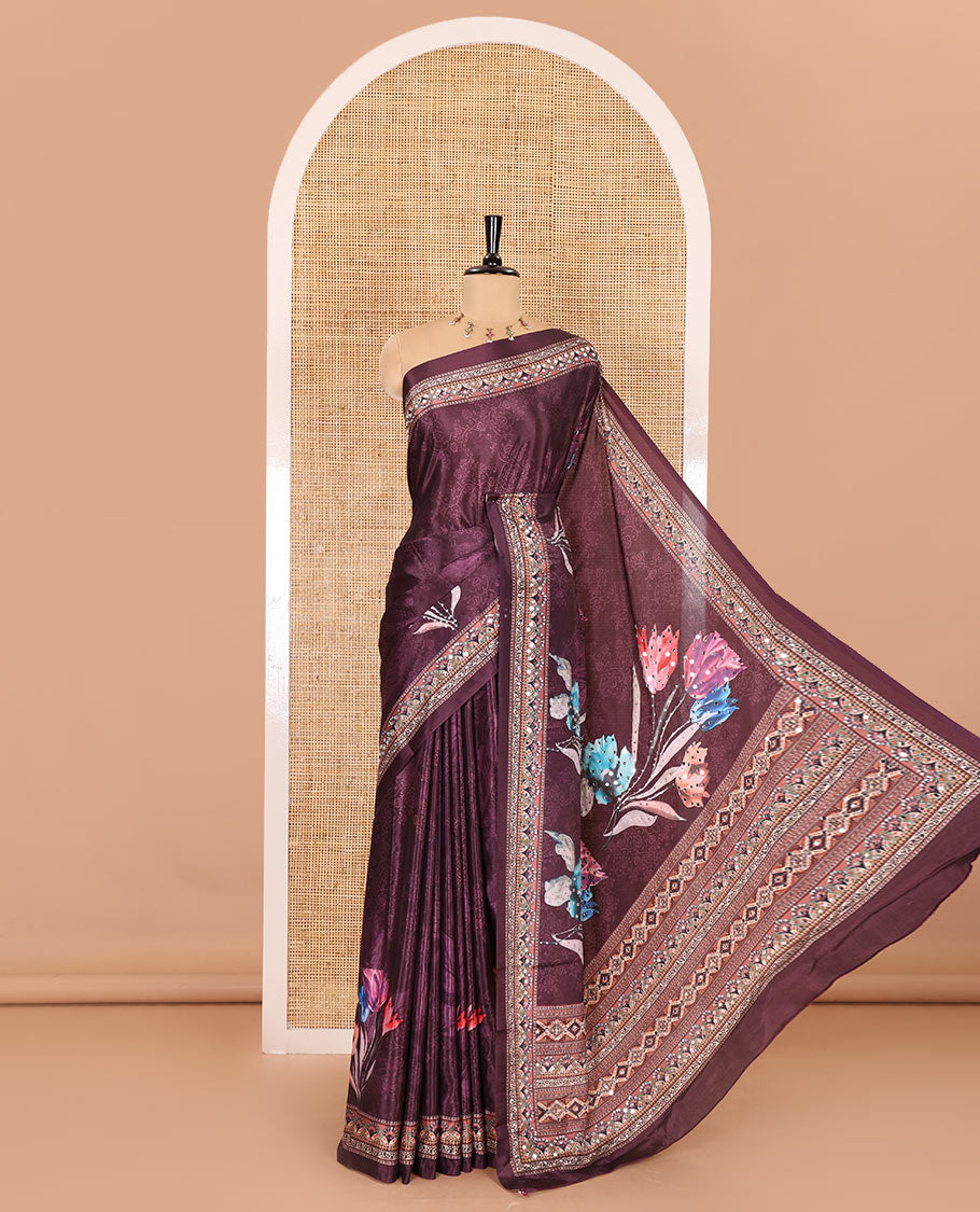 Purple floral printed and mirror work masakali saree, printed border, pallu of intricate print and mirror work, and a matching blouse