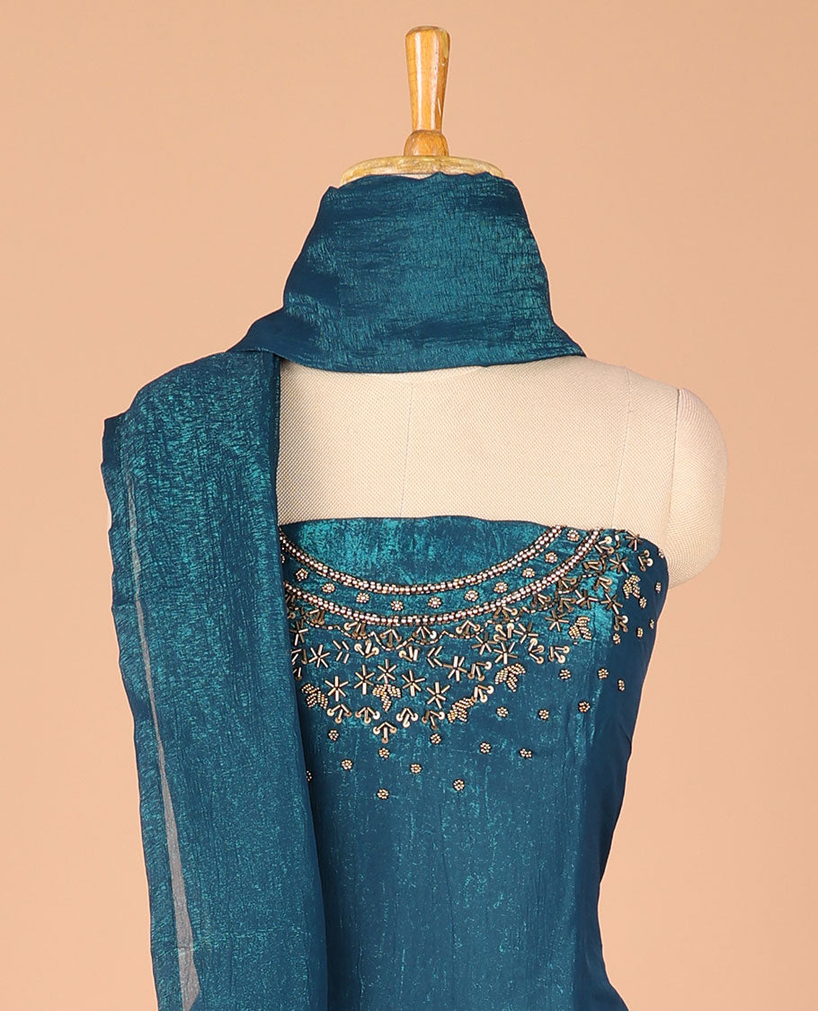 Peacock green chiffon chudidhar material set gold hanwork top with santoon bottom
