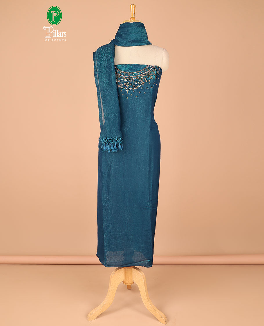 Peacock green chiffon chudidhar material set gold hanwork top with santoon bottom