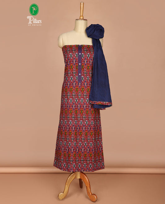 Red pochampally design flex cotton chudidhar material top with cotton pants & pochampally design dupatta