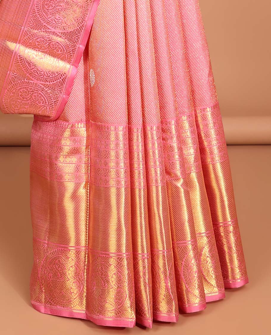 Peach striped, round buttas samudrika silk saree with self korvai border of intricate design & zari design pallu