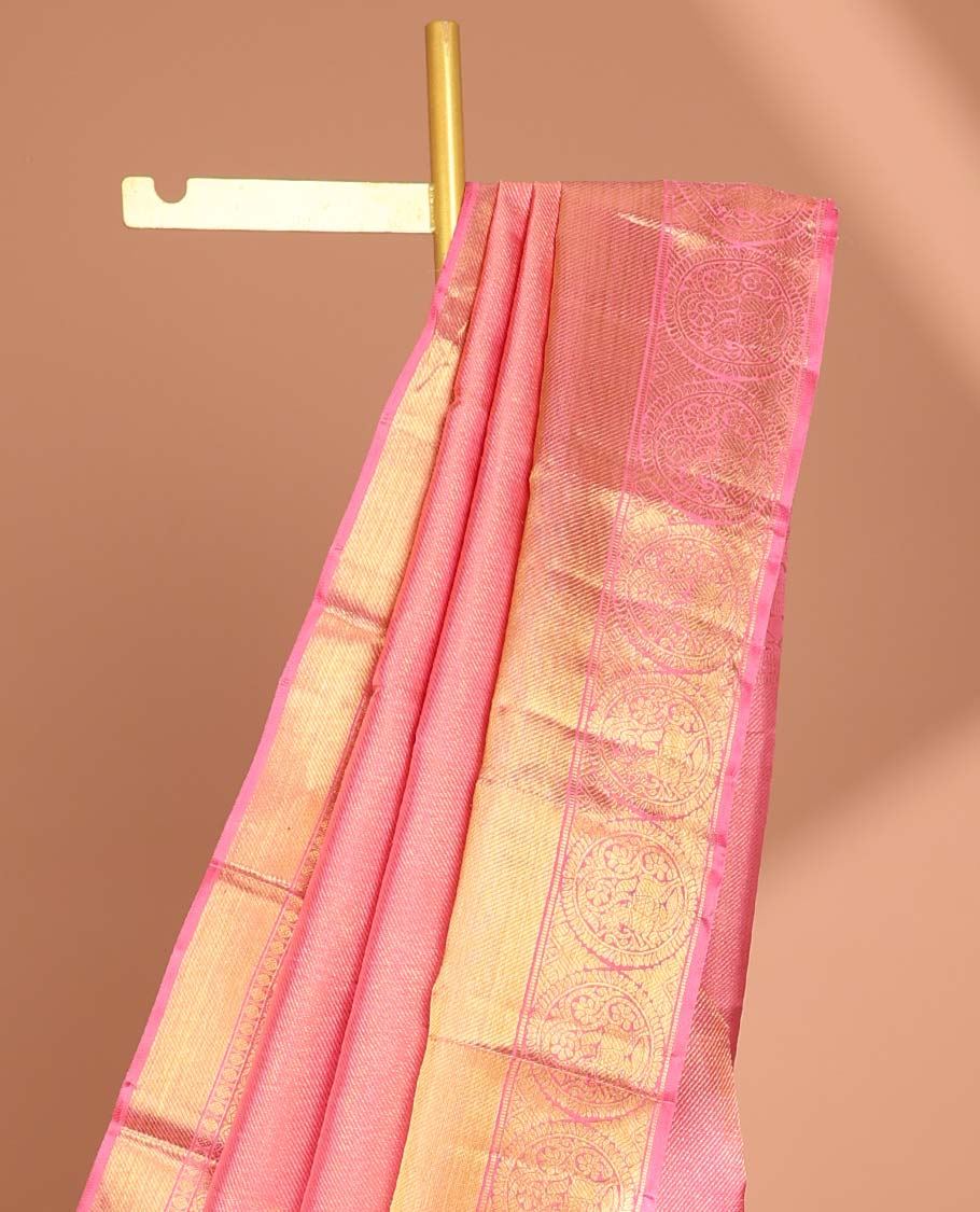 Peach striped, round buttas samudrika silk saree with self korvai border of intricate design & zari design pallu