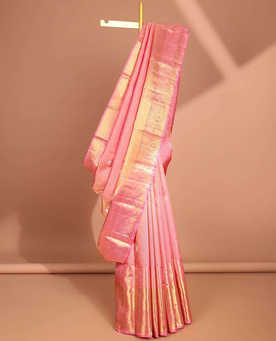 Peach striped, round buttas samudrika silk saree with self korvai border of intricate design & zari design pallu