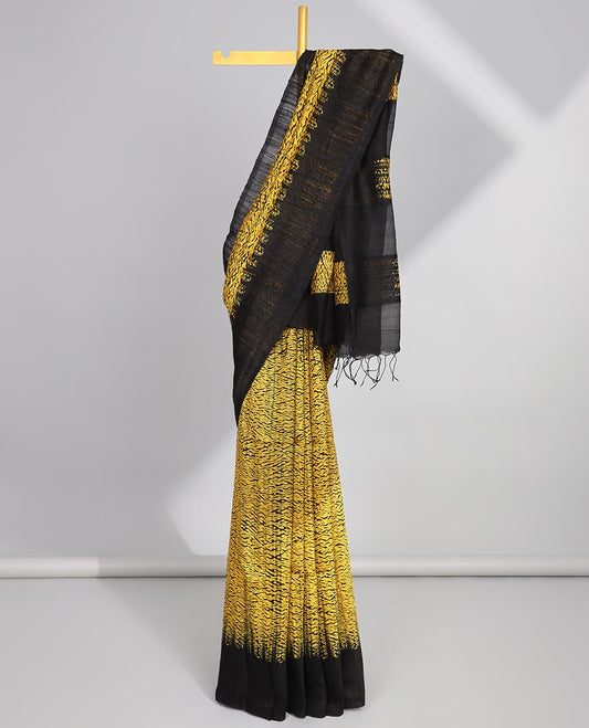 Yellow abstract design matka silk saree with contrast plain border & black abstract design pallu