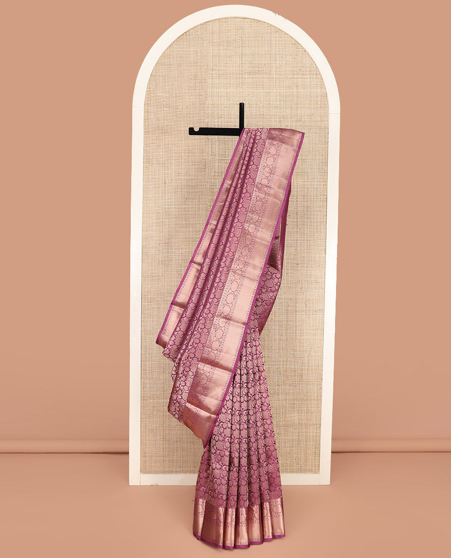 Purple Kanchipuram Wedding Silk Saree Meticulously Crafted with Jacquard Designs, Highlighted with Zari Border of Kodi Visiry Designs, Artfully Detailed Pallu of Mughal-Style Floral Designs, and Paired with a Matching Blouse