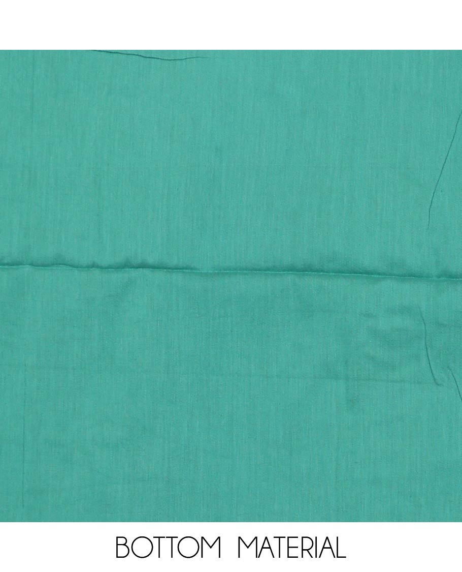 Turquoise material churidar set, batik printed with neck embroidered cotton top, plain cotton bottom, and shibori printed chiffon dupatta