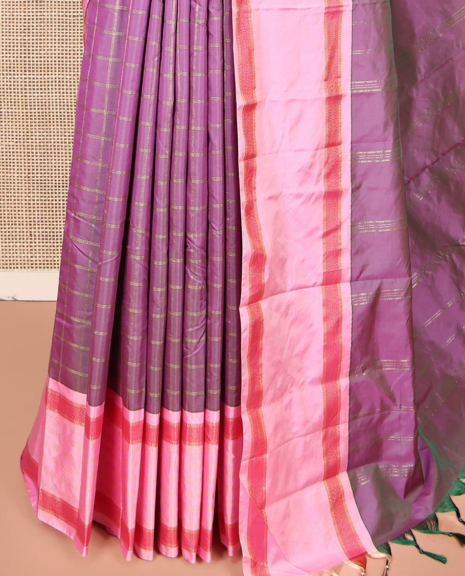 Purple Aarani Gift Saree, Mesmerized with Checks on Its Body, Complemented by a Contrast Border, a Self-Pallu of Stripes, and Paired with a Matching Blouse