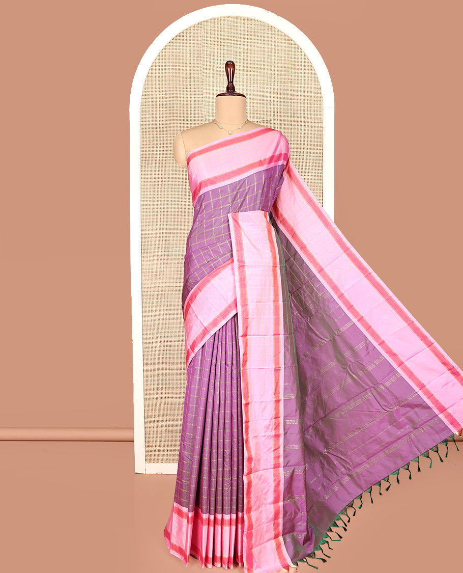 Purple Aarani Gift Saree, Mesmerized with Checks on Its Body, Complemented by a Contrast Border, a Self-Pallu of Stripes, and Paired with a Matching Blouse