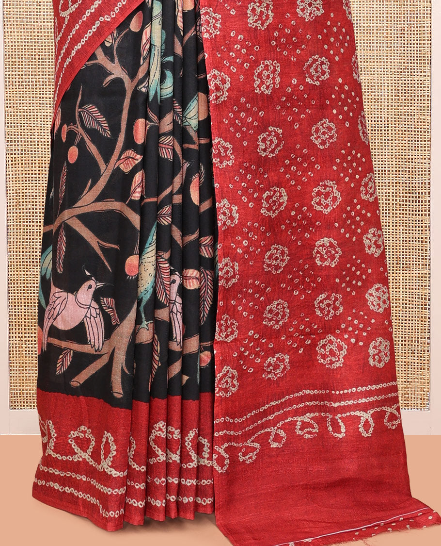 Black Fancy Tussar Saree Features Kalamkari Floral and Animal Print, Contrast Bandhani Border, Bandhani Pallu, and a Contrast Blouse