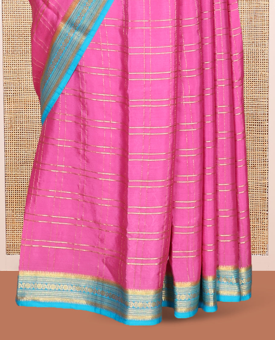 Pink Mysore Silk Saree, Gleamed up with Zari Checked Design on its Body, Complemented by Captivating Contrast Border of Traditional Zari Designs, Pallu of Tropical Flora and Flamingo Bird Designs, and Paired with a Contrast Blouse