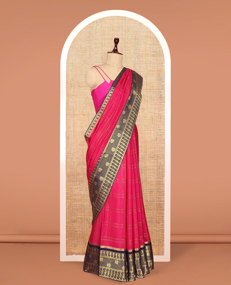 Pink Mysore Silk Saree Features Checkered Pattern, Contrast Traditional Zari Border, Rich Pallu, and a Contrast Blouse