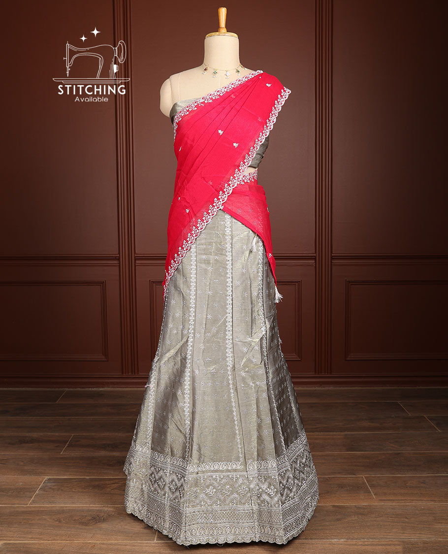 Mauve thread embroidery half saree with self border, thread embroidery blouse & floral embroidery scallop border dhavani