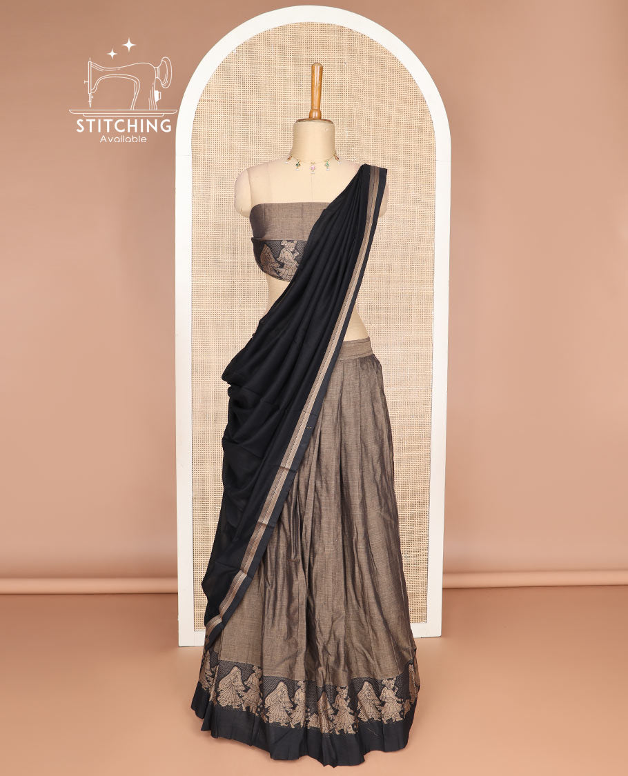 Grey cotton half saree with contrast wedding design border, wedding design blouse & plain dhavani