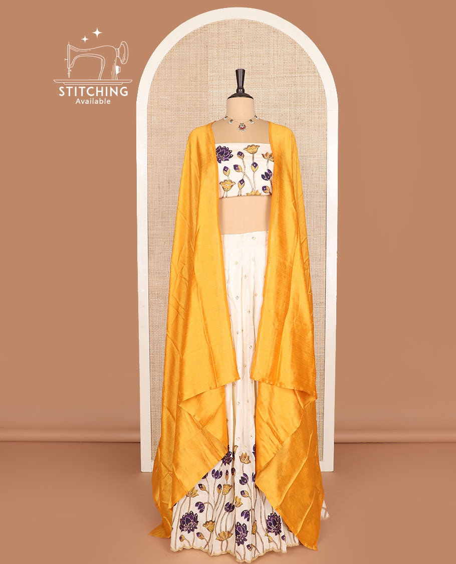 Sandal half-saree, Pichwai lotus printed with buttas skirt, Pichwai lotus printed and embroidery blouse, and contrast plain dhavani