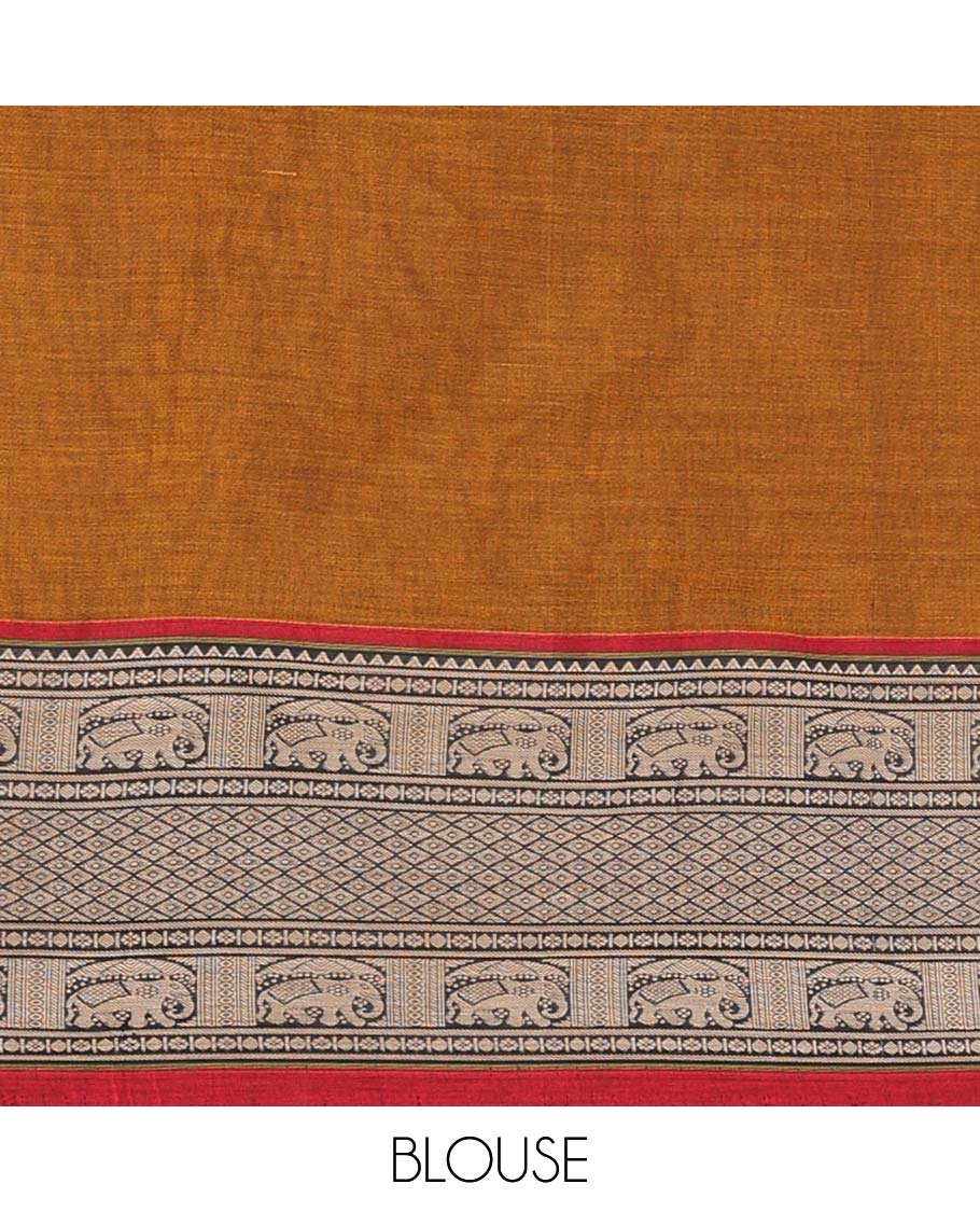 Brown cotton half saree with contrast elephant motifs border, elephant design blouse & elephant design border dhavani