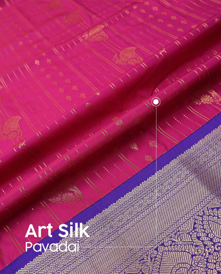 Magenta art silk pavadai material, zari design with contrast traditional zari border skirt, a contrast bordered blouse