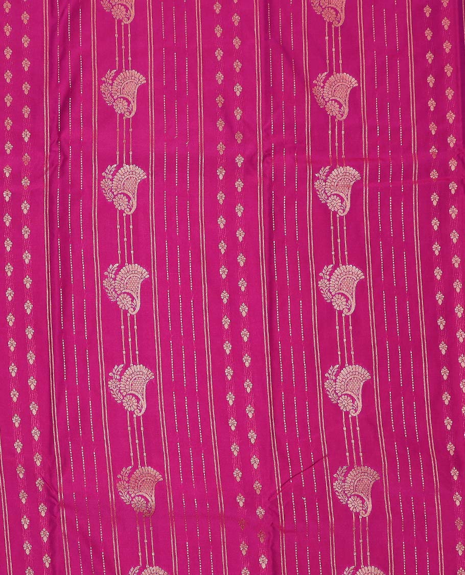 Magenta art silk pavadai material, zari design with contrast traditional zari border skirt, a contrast bordered blouse