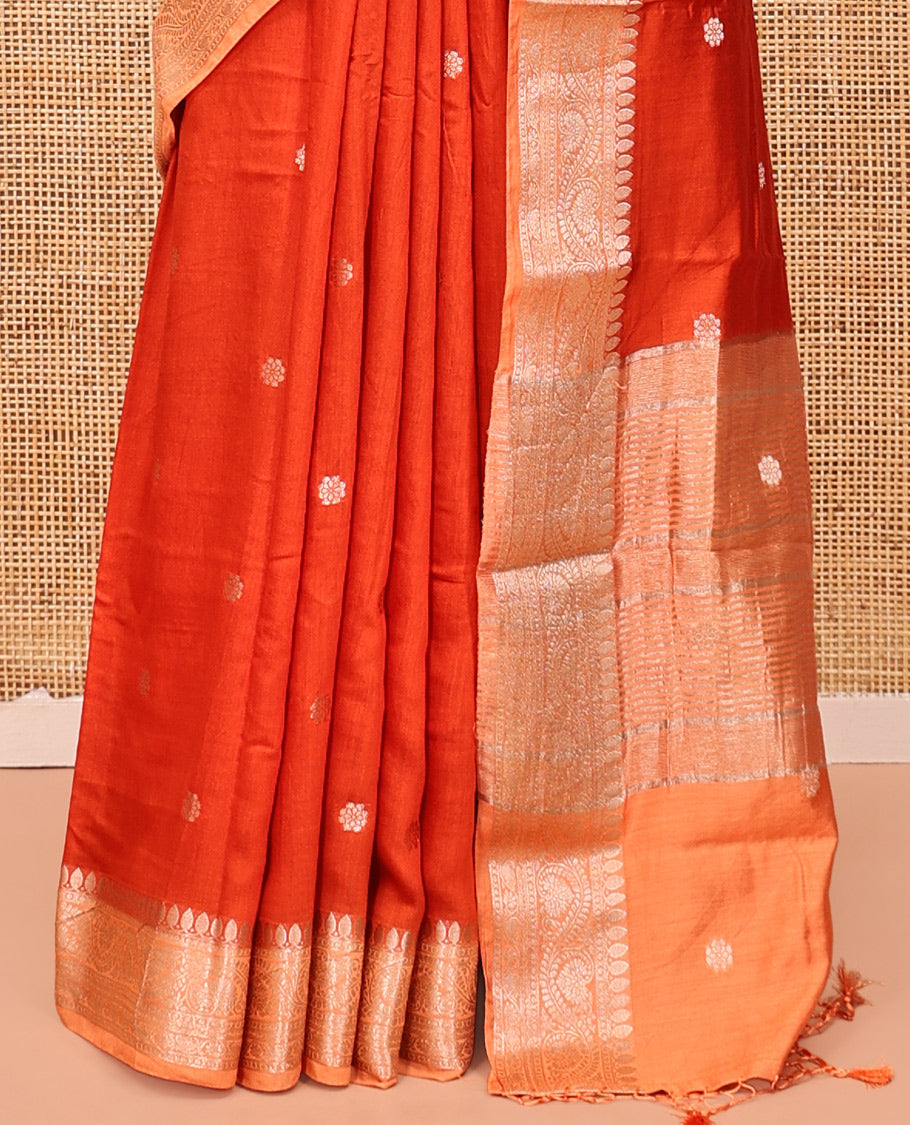 Orange Assam Silk Saree, Accentuated with Zari Buttas, Complemented by Contrast Traditional Zari Border, Striped Pallu, and Contrast Blouse