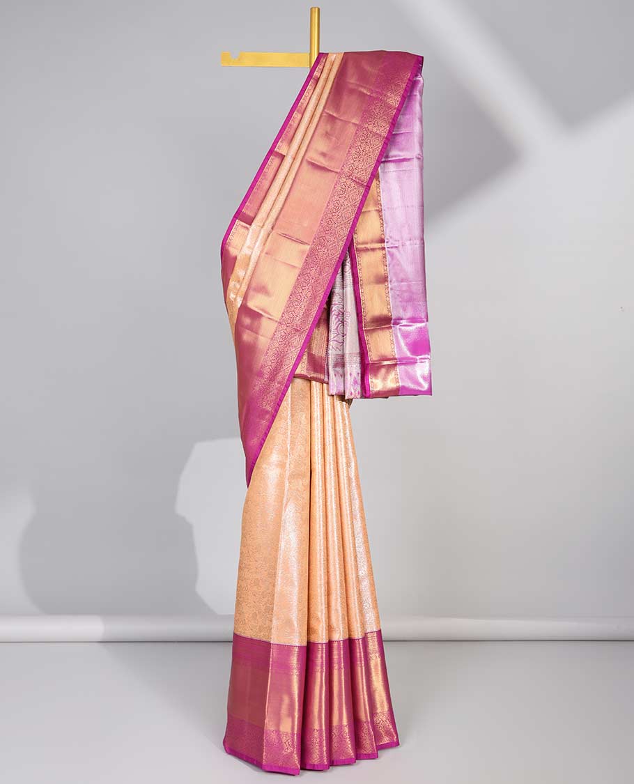 Orange floral jacquard budget silk saree with contrast zari design border & intricate zari design pallu