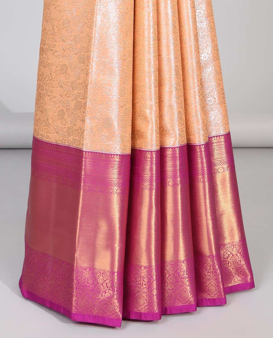 Orange floral jacquard budget silk saree with contrast zari design border & intricate zari design pallu