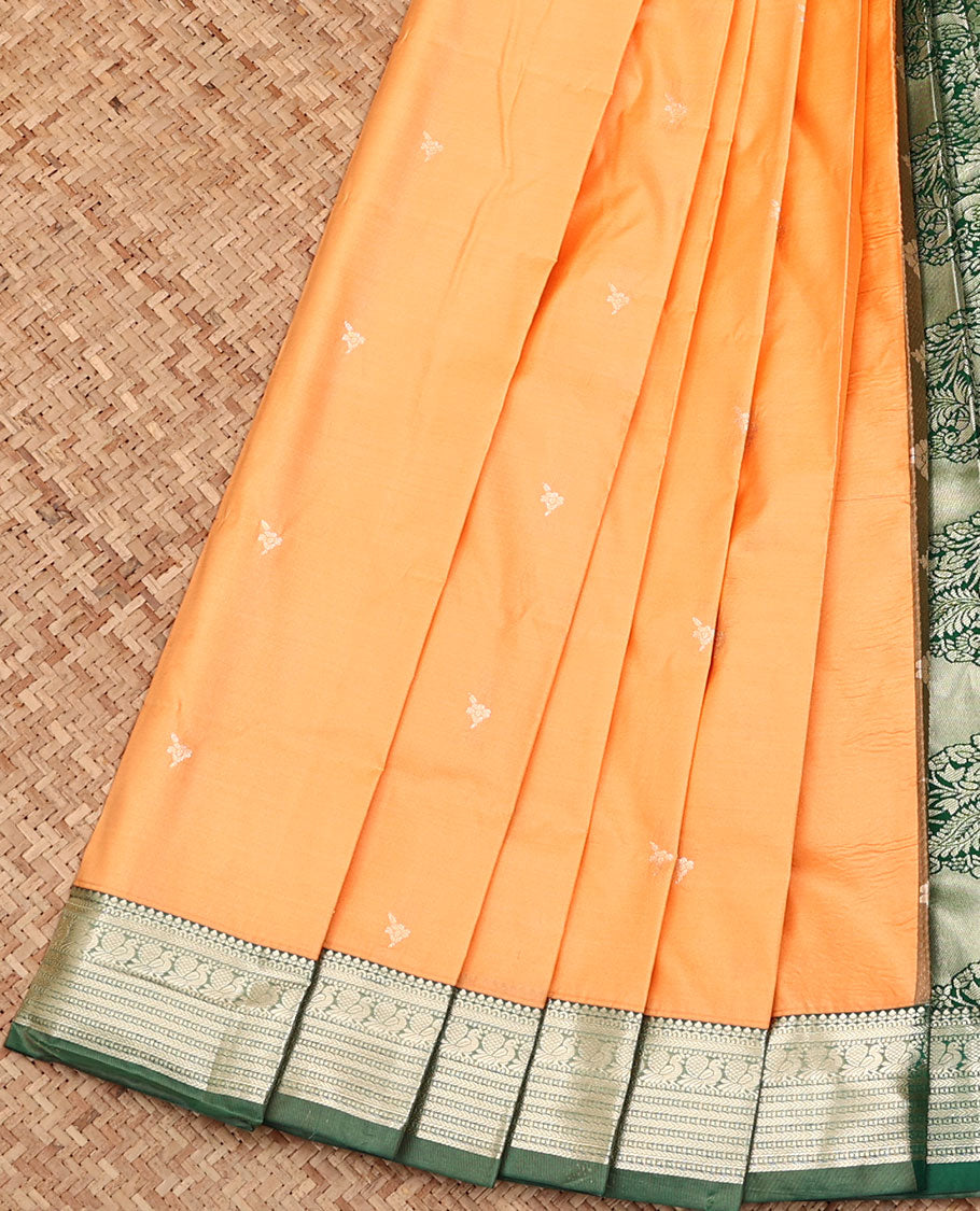 Orange Budget Silk Saree, Woven with Zari Buttas All Over Its Body, Complemented by a Contrast Traditional Zari Design Border, Intricately Designed Pallu, and Paired with a Contrast Blouse