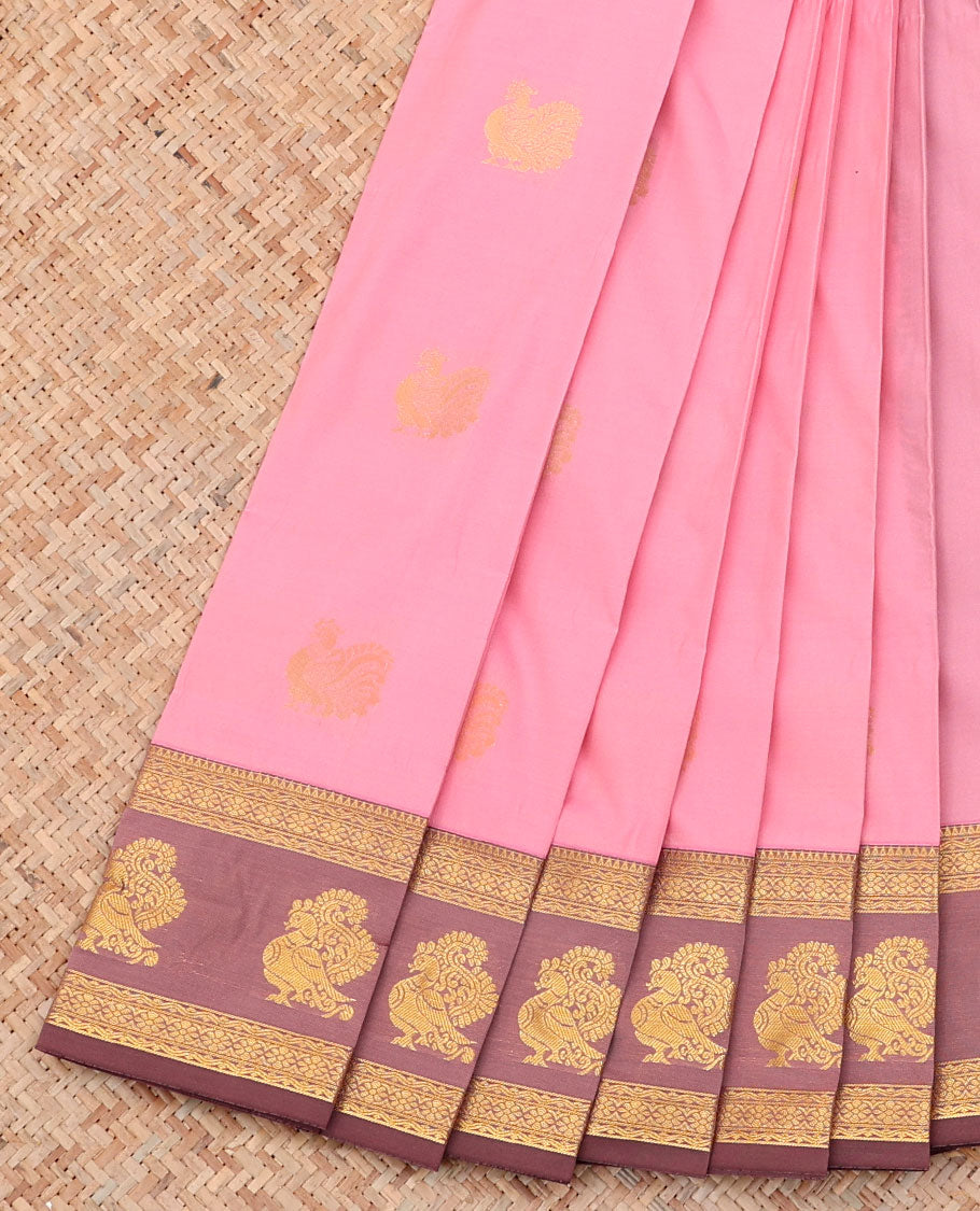 Pink Budget Silk Saree, Highlighted with Zari Buttas on Its Body, Complemented by a Contrast Traditional Zari Border of Peacock Designs, Grand Jaal Pallu, and Paired with a Contrast Blouse