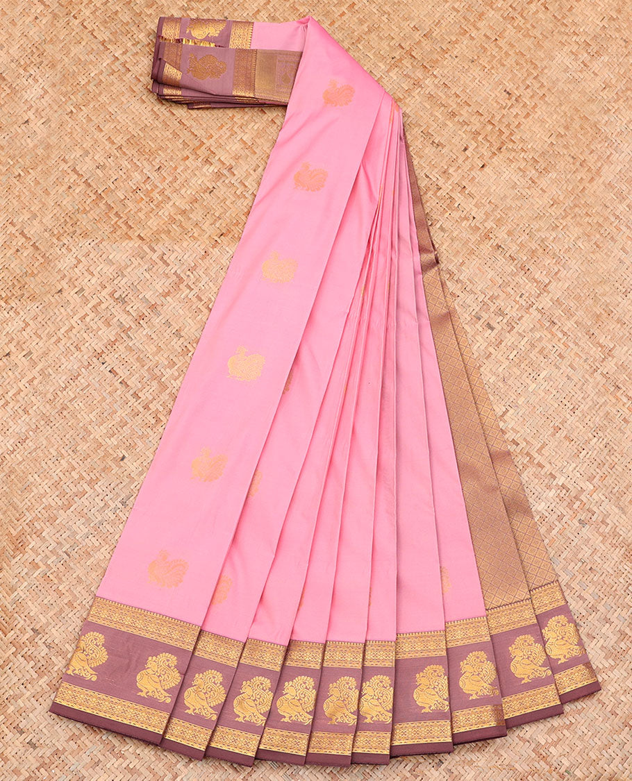Pink Budget Silk Saree, Highlighted with Zari Buttas on Its Body, Complemented by a Contrast Traditional Zari Border of Peacock Designs, Grand Jaal Pallu, and Paired with a Contrast Blouse
