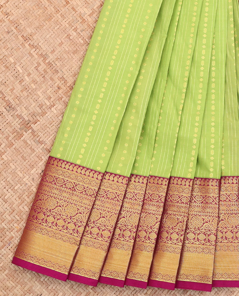 Parrot Green Budget Silk Saree, Detailed with Buttas and Stripes All Over Its Body, Complemented by a Contrast Traditional Zari Design Border, Intricately Designed Pallu, and Paired with a Contrast Blouse
