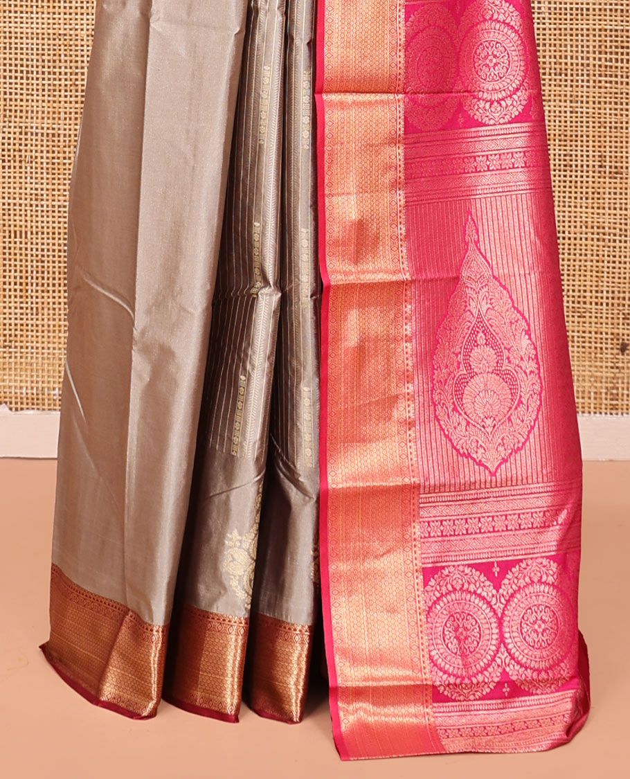 Grey Budget Silk Saree, Decorated with Zari Designs, Complemented by a Contrast Traditional Zari Border, Pallu of Intricate Designs, and a Contrast Blouse