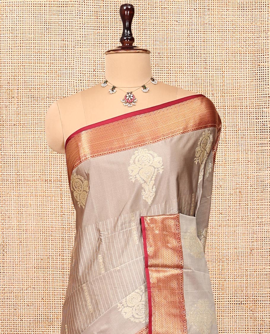 Grey Budget Silk Saree, Decorated with Zari Designs, Complemented by a Contrast Traditional Zari Border, Pallu of Intricate Designs, and a Contrast Blouse