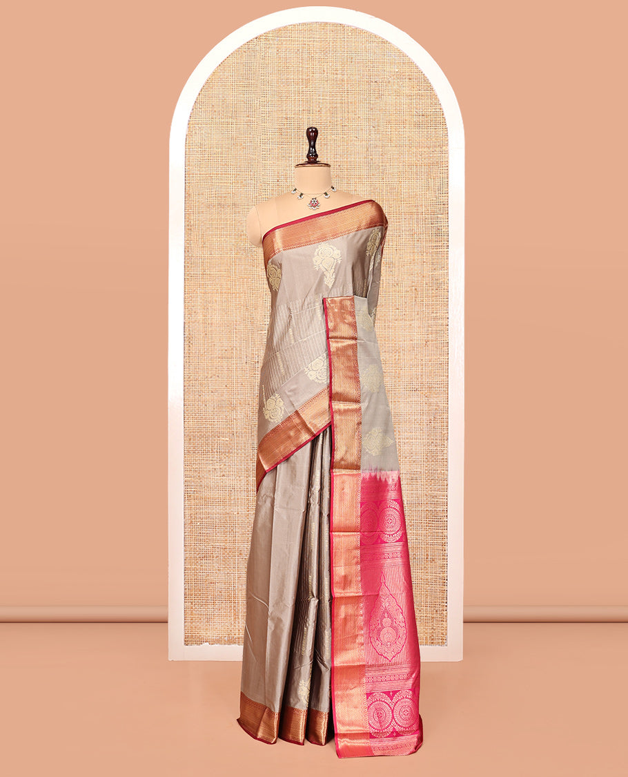 Grey Budget Silk Saree, Decorated with Zari Designs, Complemented by a Contrast Traditional Zari Border, Pallu of Intricate Designs, and a Contrast Blouse