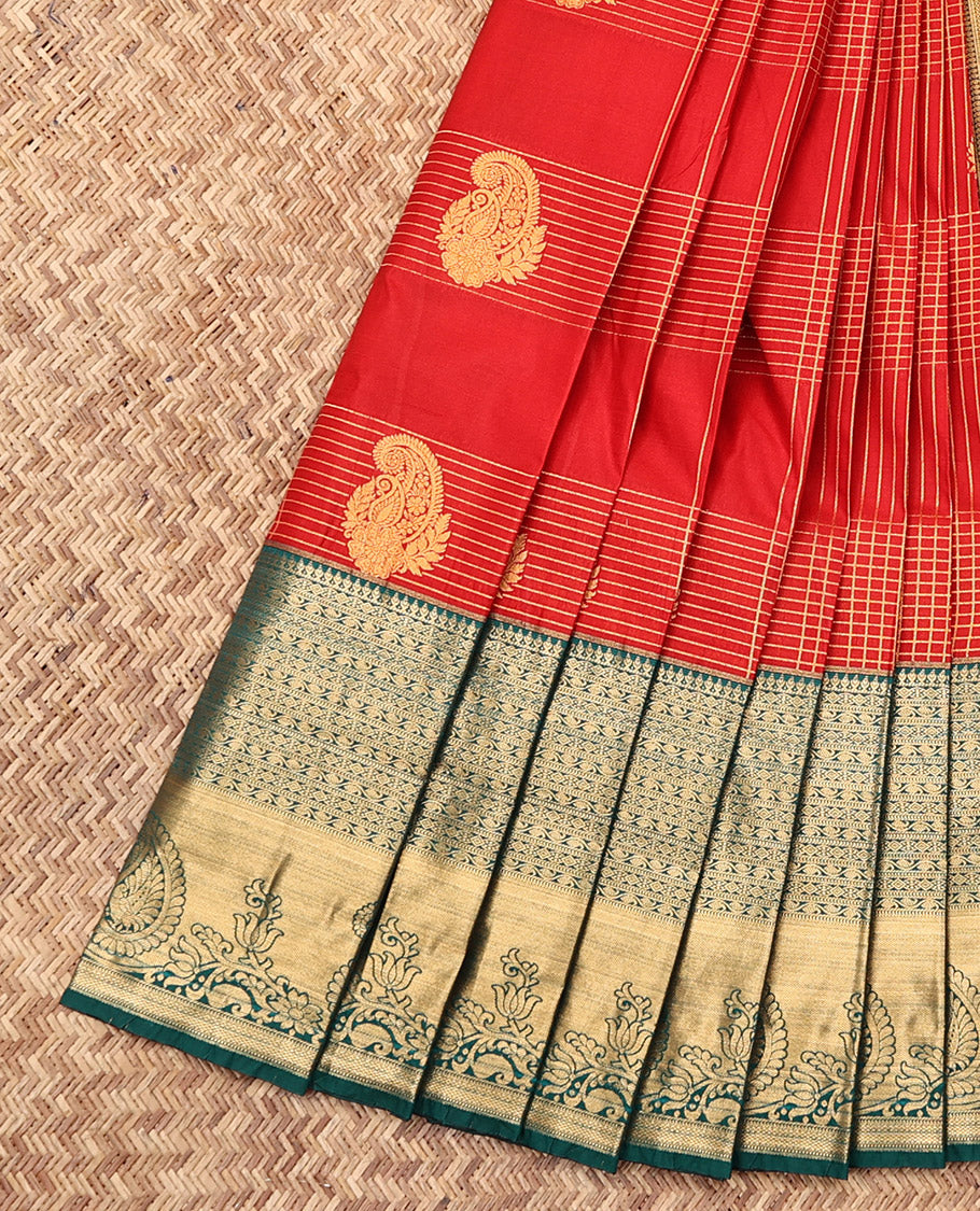 Red Budget Silk Saree, Enthralled with Zari Buttas and Checks, Complemented by a Contrast Traditional Zari Border, Intricate Pallu, and a Contrast Blouse