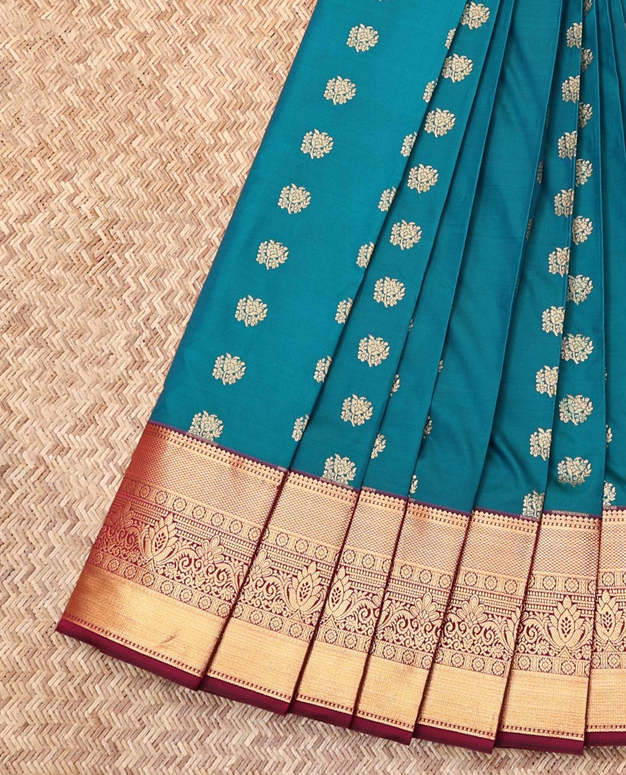 Blue Budget Silk Saree, Accentuated with Zari Buttas, Complemented by a Contrast Traditional Zari Border, Geometric Pallu, and a Contrast Blouse