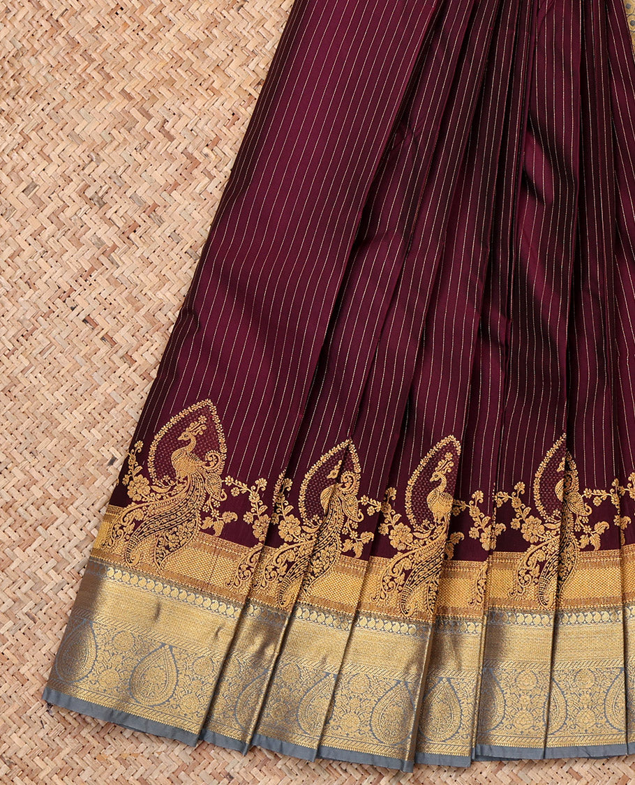 Wine Budget Silk Saree, Simply Sparkled with Zari Stripes and Peacock Buttas, a Contrast Traditional Zari Checked Border, Grand Pallu, and a Contrast Blouse