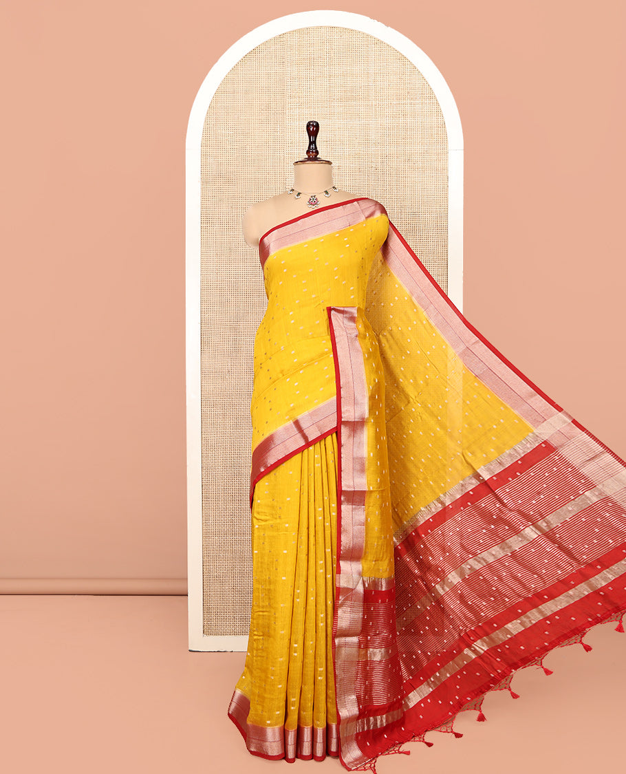 Yellow Assam Silk Saree, Subtly Sparkled with Zari Buttas, Complemented by a Contrast Traditional Zari Border, Zari Striped Pallu, and a Contrast Blouse