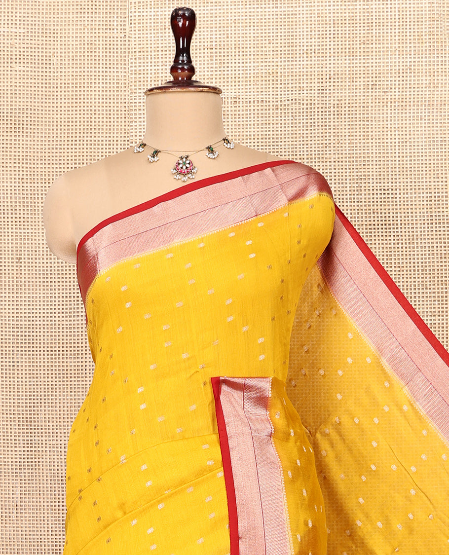 Yellow Assam Silk Saree, Subtly Sparkled with Zari Buttas, Complemented by a Contrast Traditional Zari Border, Zari Striped Pallu, and a Contrast Blouse