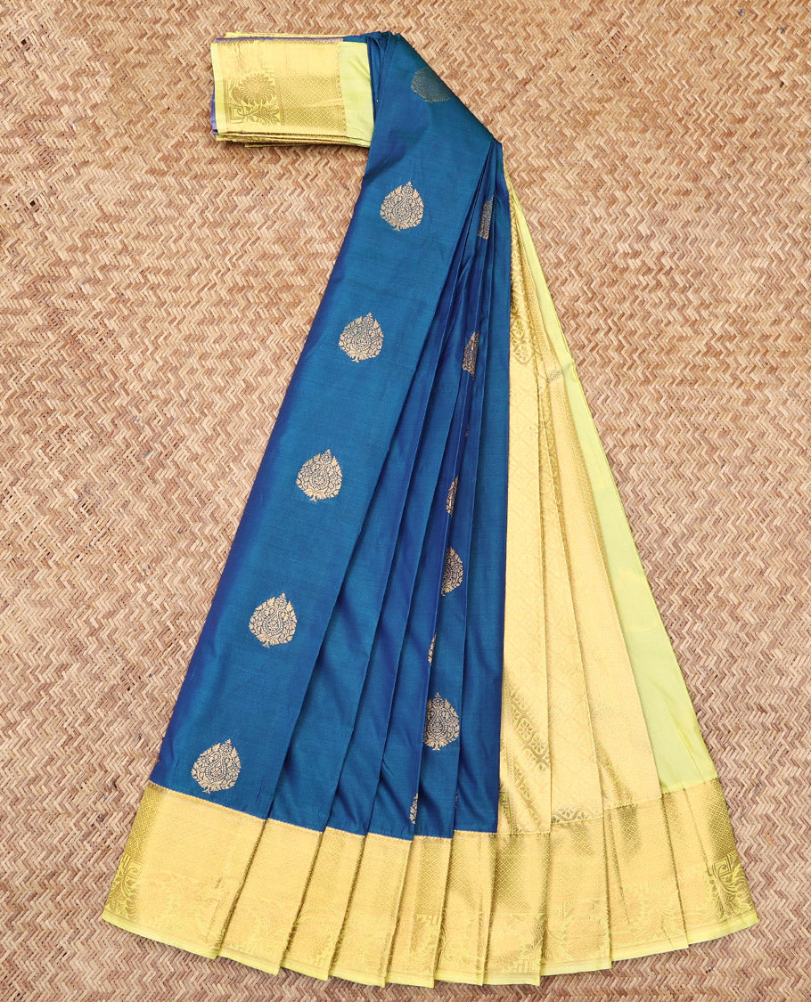 Blue Budget Silk Saree, Graced with Zari Buttas, Complemented by a Contrast Traditional Zari Border, Jaal Pallu, and a Contrast Blouse