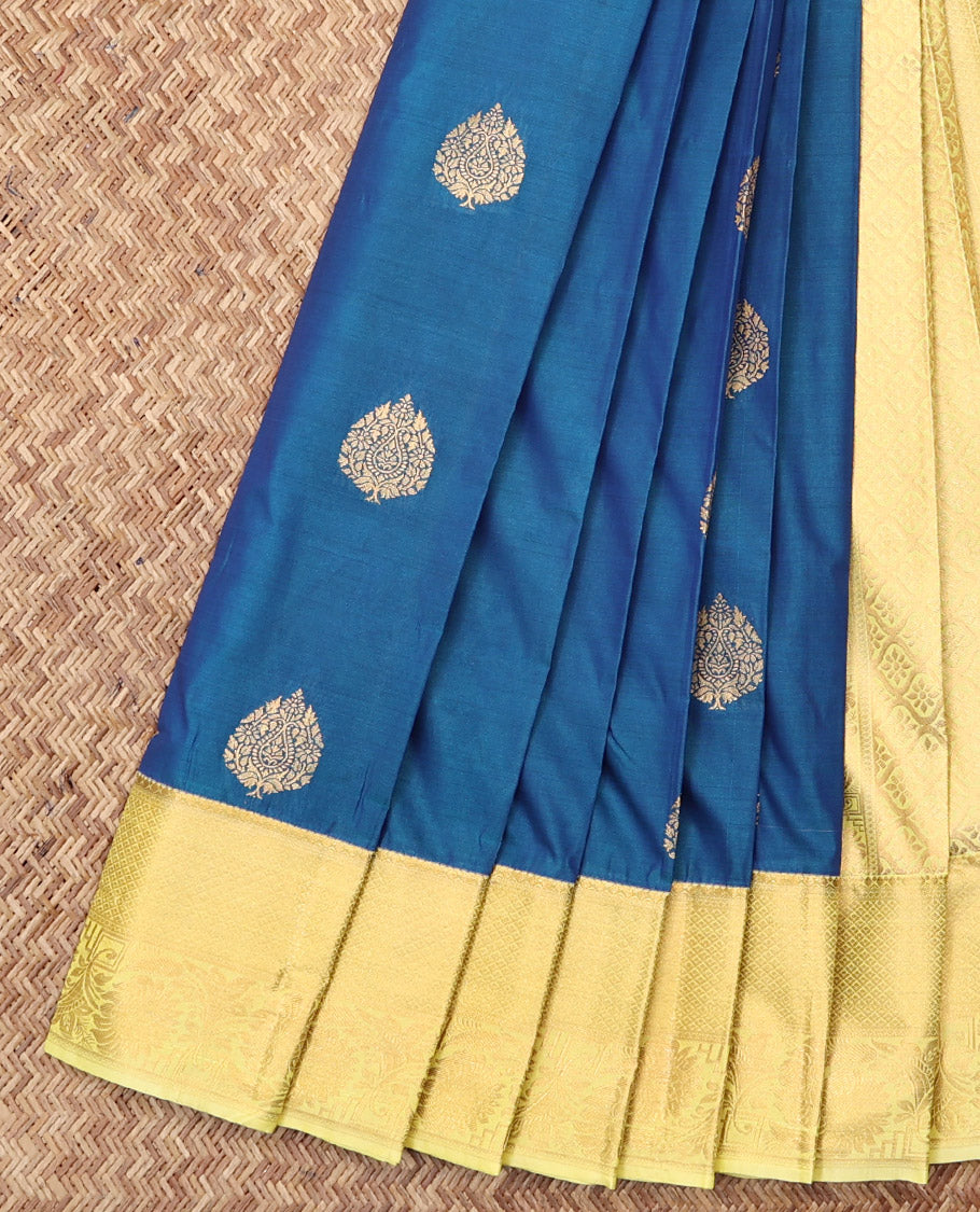 Blue Budget Silk Saree, Graced with Zari Buttas, Complemented by a Contrast Traditional Zari Border, Jaal Pallu, and a Contrast Blouse