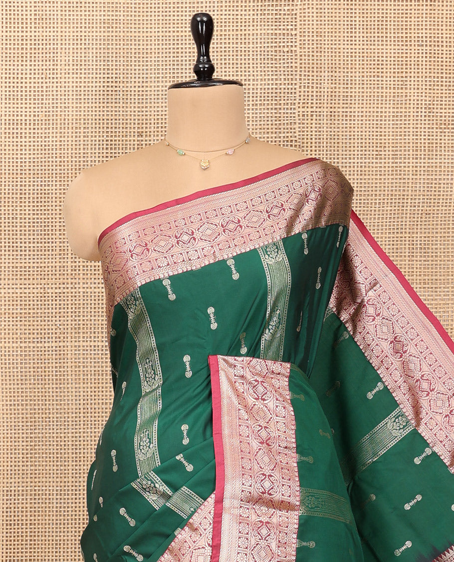 Dark Green Budget Silk Saree, Ornamented with Zari Buttas, Complemented by a Contrast Traditional Zari Border, Pallu of Jaal and Paisleys, and Contrast Blouse