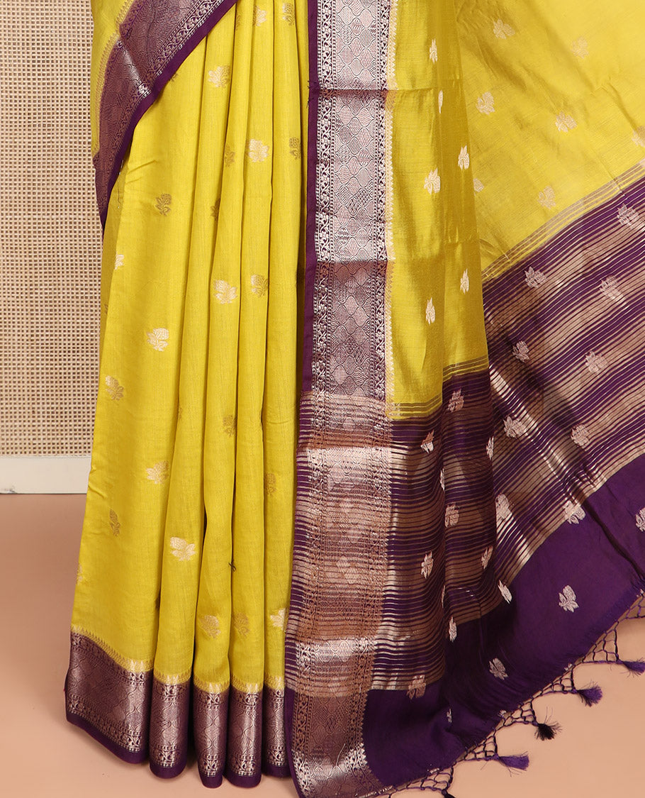 Yellow Assam Silk Saree Prettified with Zari Buttas on Its Body, Complemented by a Contrast Traditional Zari Design Border, a Vibrant Pallu of Zari Stripes, and Paired with a Contrast Blouse