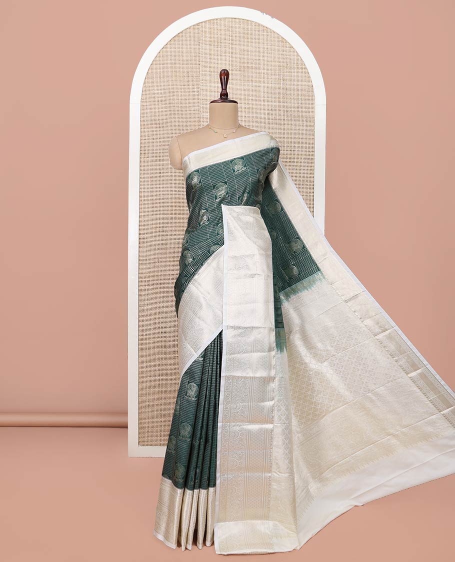 Green Budget Silk Saree, Meticulously Crafted with Jacquard Design All Over Its Body, Complemented by a Contrast Traditional Zari Design Border, Meticulously Crafted Pallu, and Paired with a Contrast Blouse