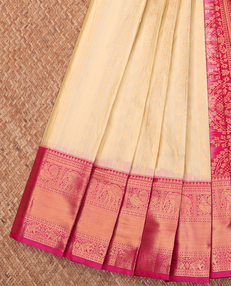 Sandal Budget Silk Saree, Subtly Woven with Zari Designs On Its Body, Complemented by Contrast Traditional Zari Designs Woven Border, Intricately Designed Pallu and Paired with a Contrast Blouse