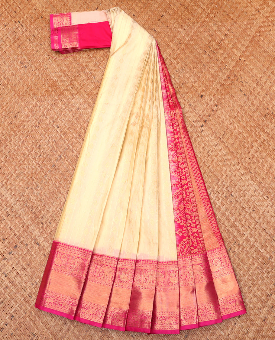 Sandal Budget Silk Saree, Subtly Woven with Zari Designs On Its Body, Complemented by Contrast Traditional Zari Designs Woven Border, Intricately Designed Pallu and Paired with a Contrast Blouse