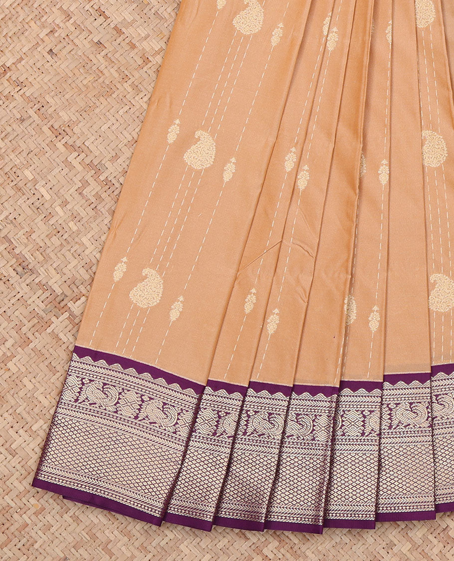Sandal Budget Silk Saree, Subtly Sparkled with Paisley Stripes All Across Its Body, Complemented by a Captivating Contrast Traditional Zari Design Border, Pallu of Jaal Designs, and Paired with a Contrast Blouse